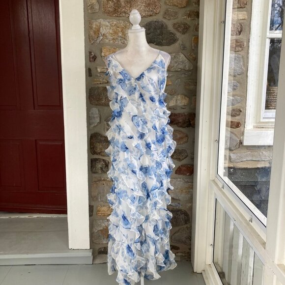 NWT BHLDN Anthropologie Jia Printed Bias-Cut Ruffled V-Neck Gown Blue $328 - Picture 3 of 12